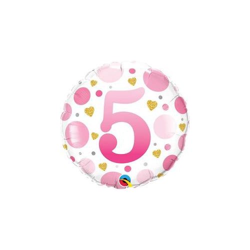 18 inch-es 5-ös Számos Pöttyös Rózsaszín Age 5 Pink Dots Fólia Lufi